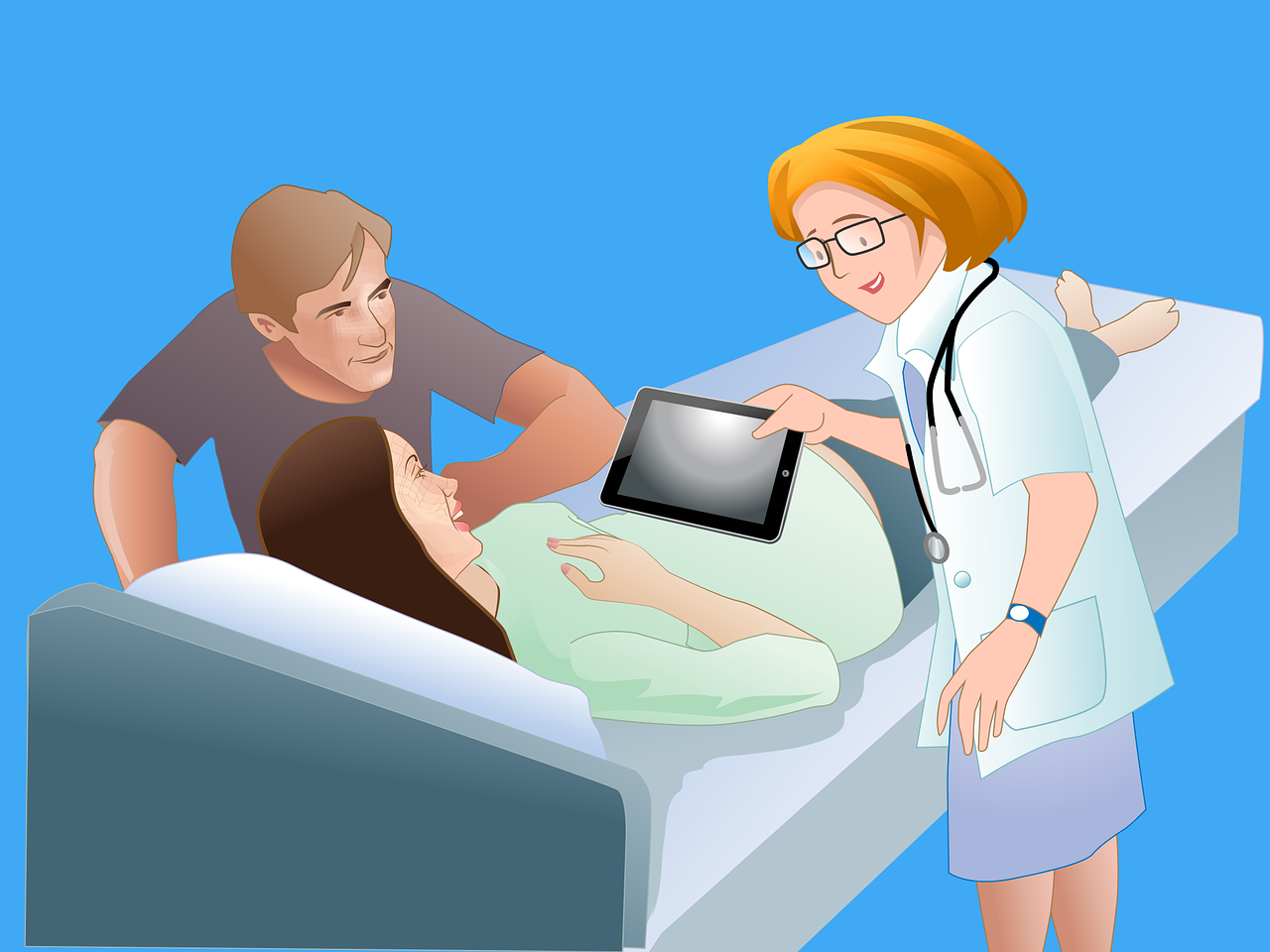 Female Fertility Claim Medical consultation in a hospital showing a female patient in a bed with a scan image displayed on a monitor